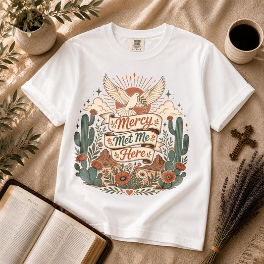 Mercy Met Me Here Boho Christian Graphic T-Shirt