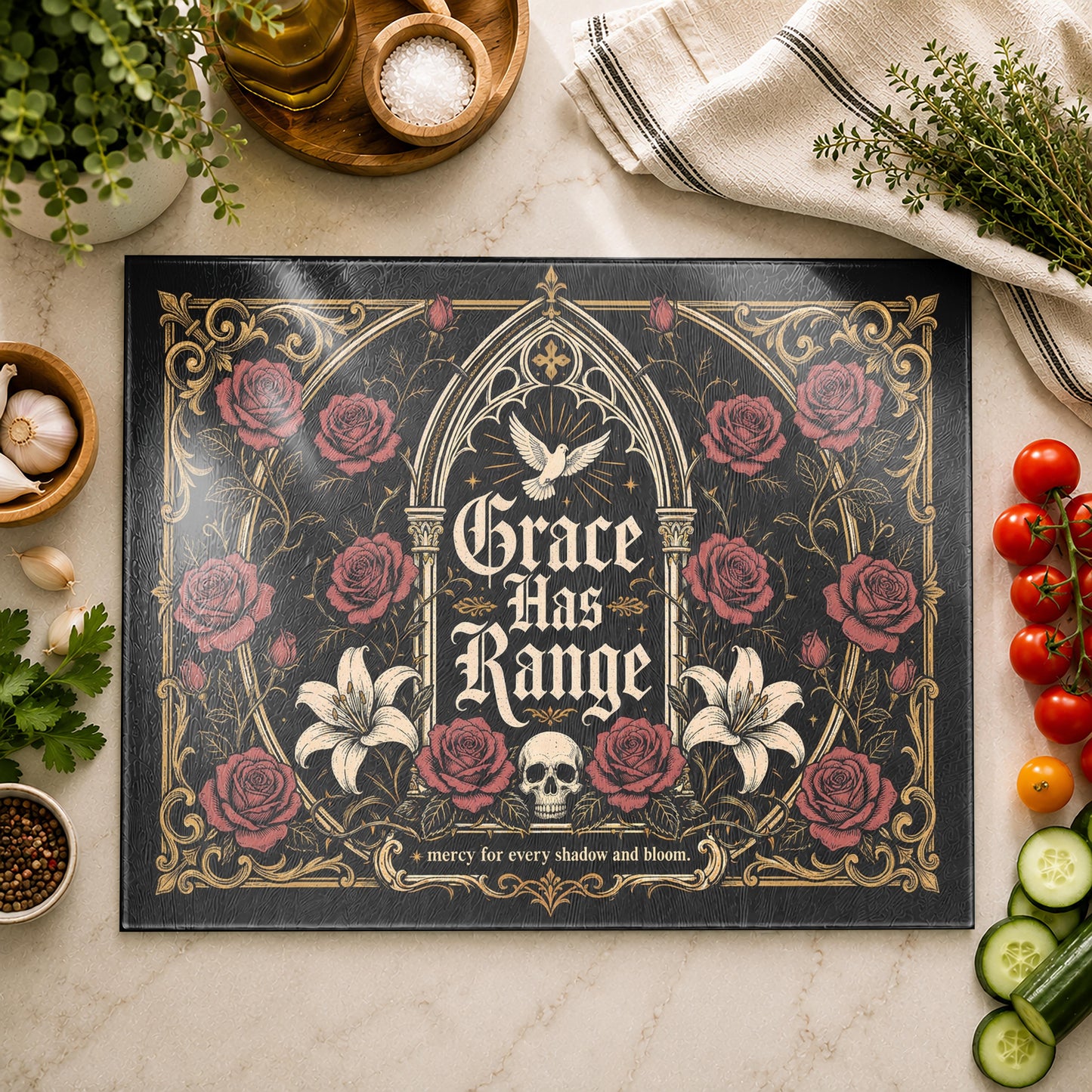 Grace Has Range Gothic Rose Tempered Glass Cutting Board