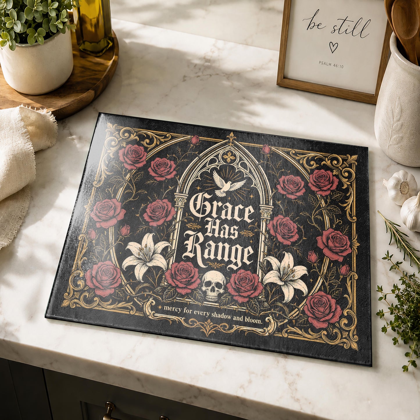 Grace Has Range Gothic Rose Tempered Glass Cutting Board