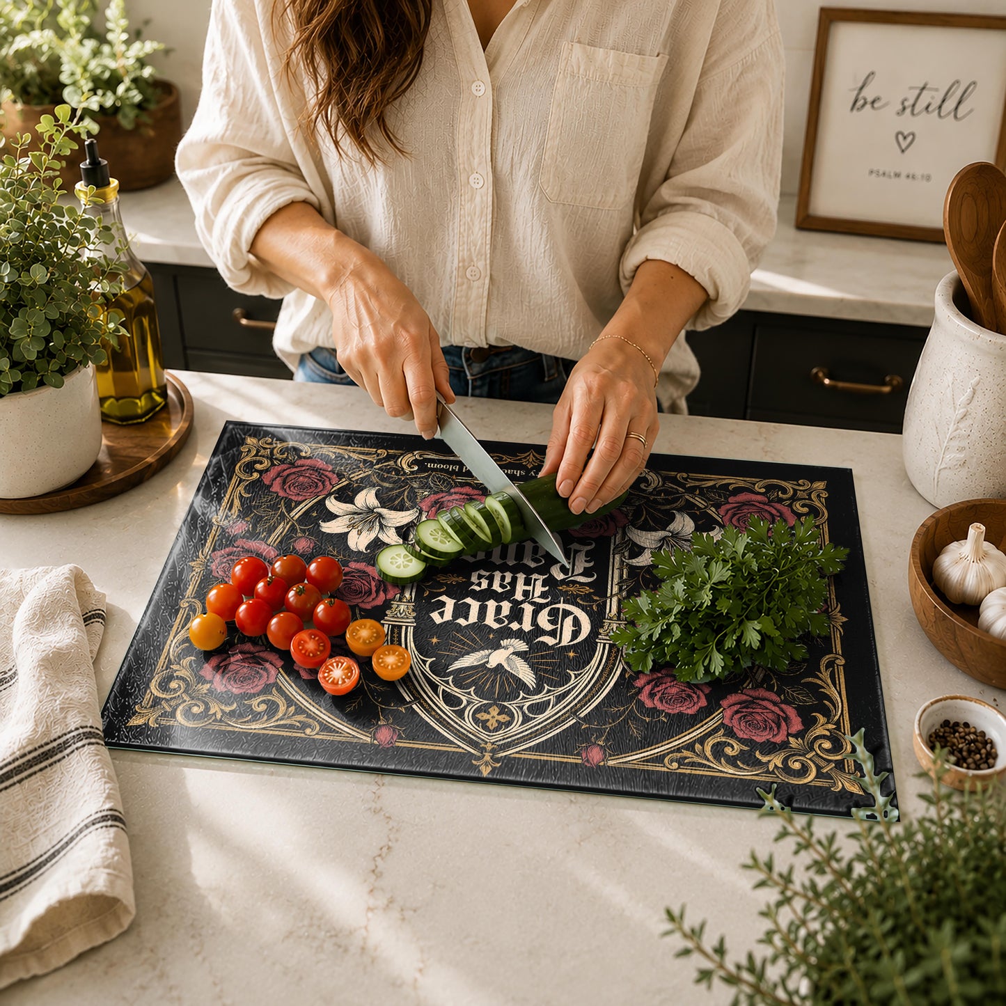 Grace Has Range Gothic Rose Tempered Glass Cutting Board
