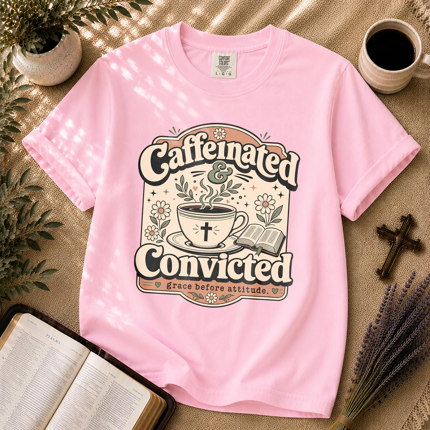Caffeinated and Convicted Funny Christian Coffee T-Shirt
