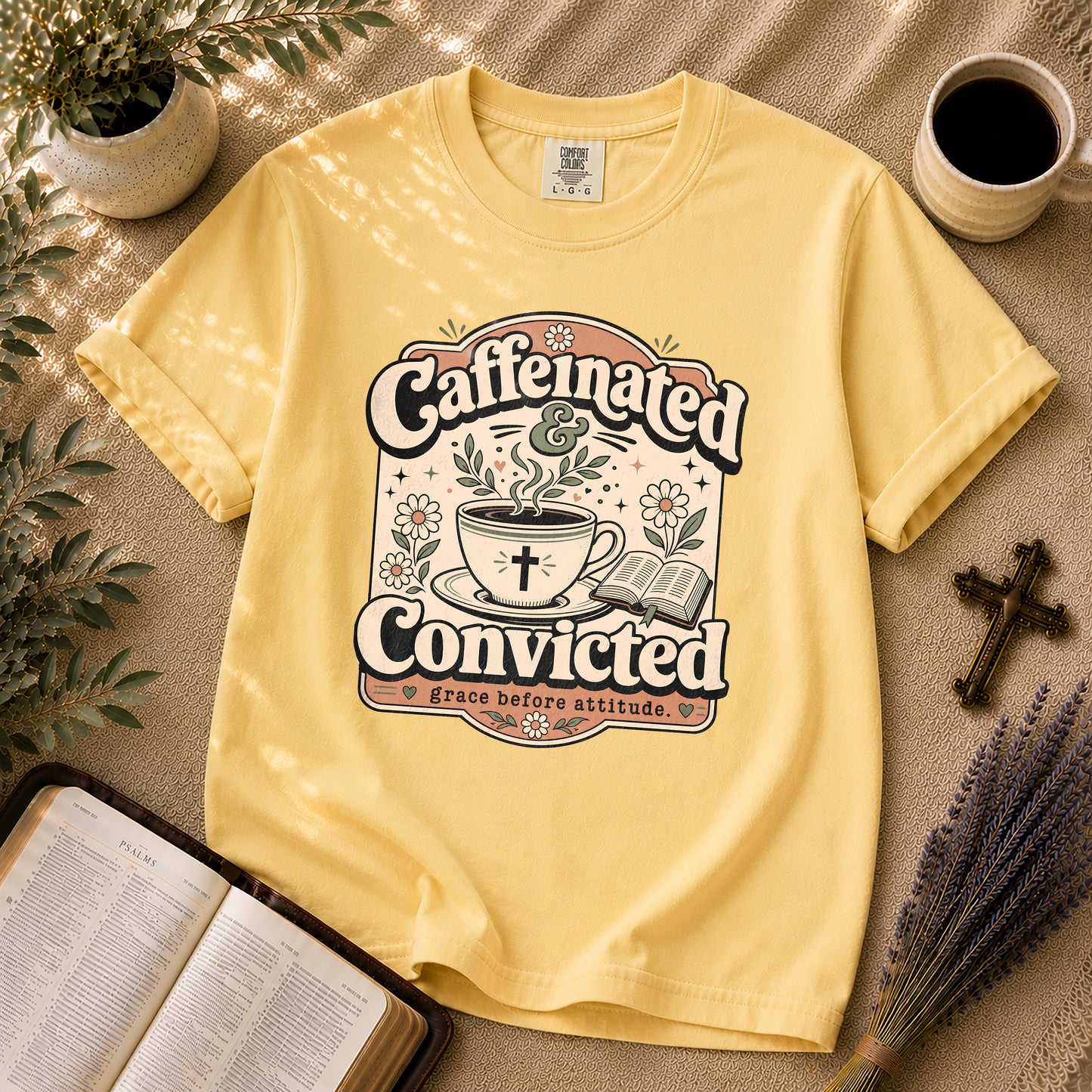 Caffeinated and Convicted Funny Christian Coffee T-Shirt