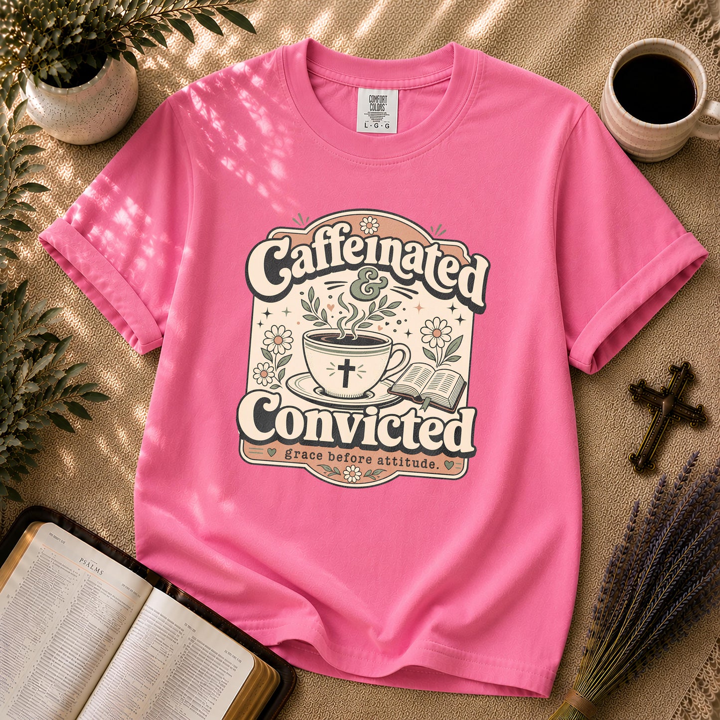 Caffeinated and Convicted Funny Christian Coffee T-Shirt
