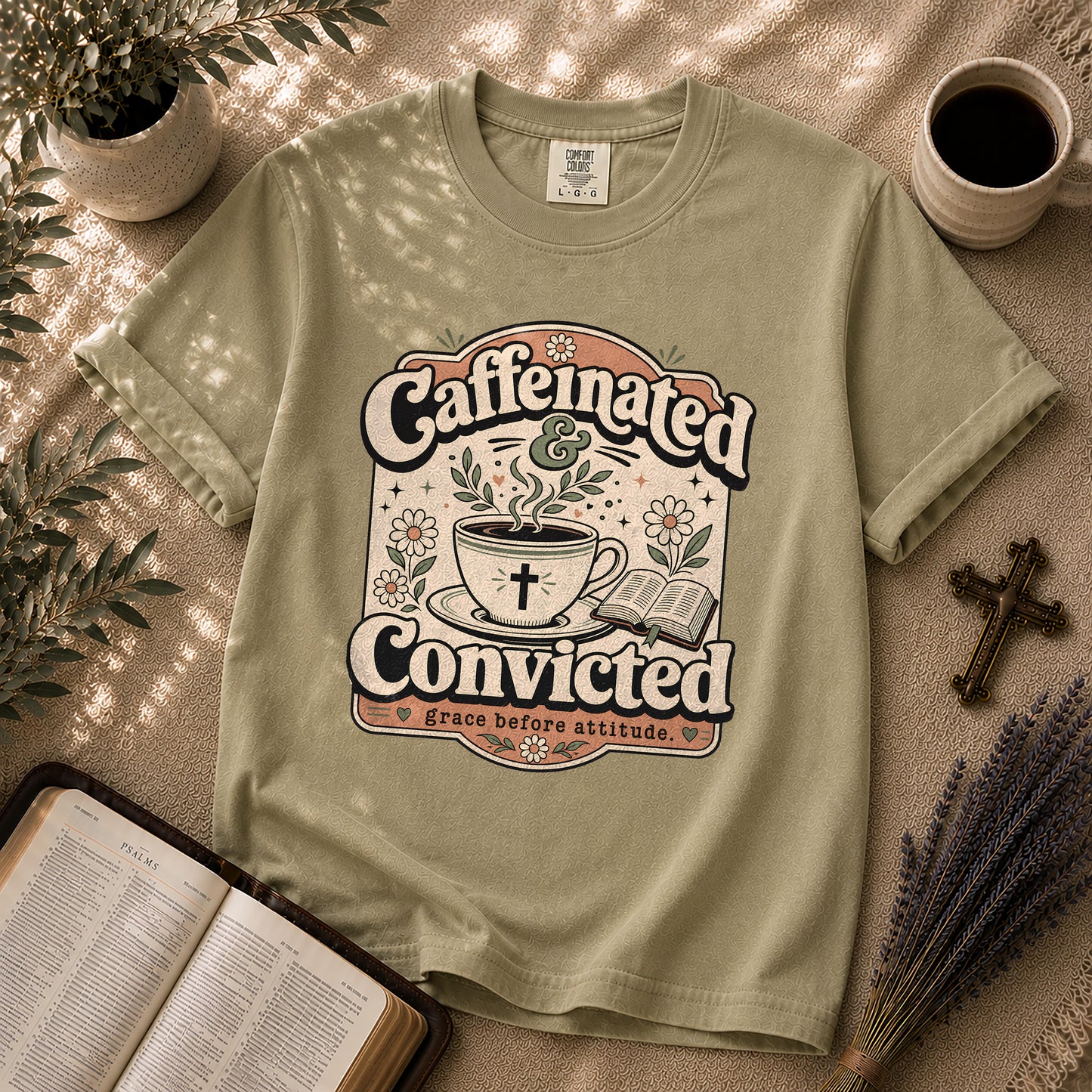 Caffeinated and Convicted Funny Christian Coffee T-Shirt