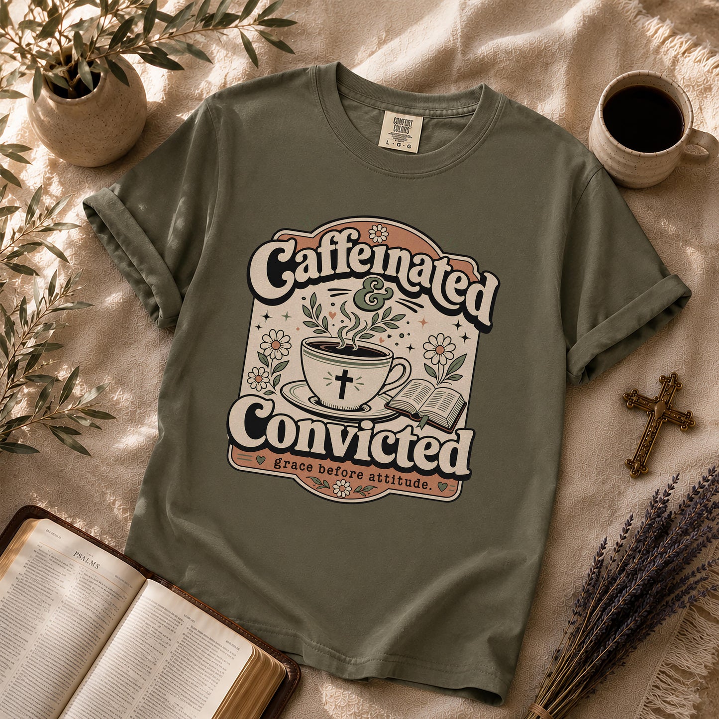 Caffeinated and Convicted Funny Christian Coffee T-Shirt
