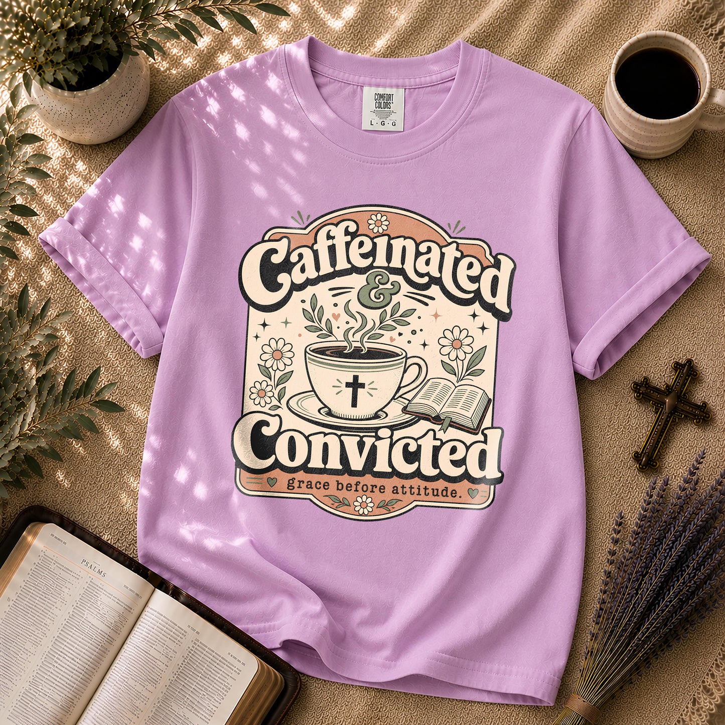 Caffeinated and Convicted Funny Christian Coffee T-Shirt