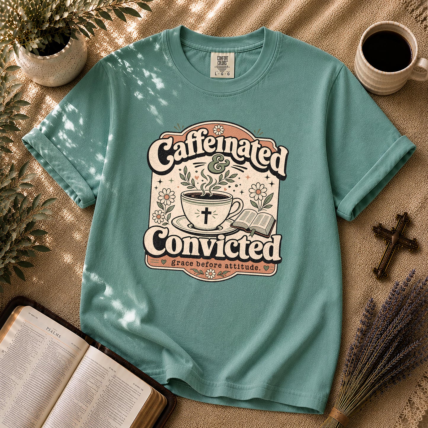 Caffeinated and Convicted Funny Christian Coffee T-Shirt