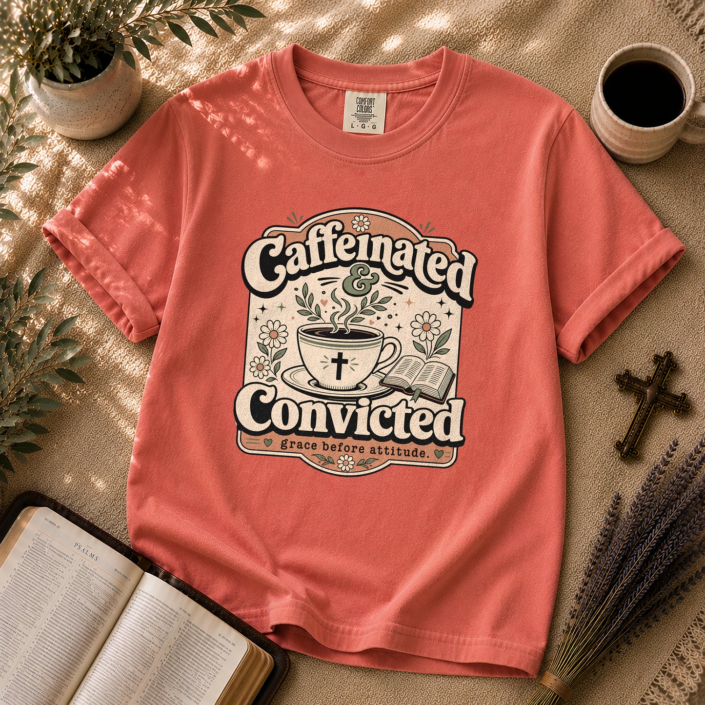 Caffeinated and Convicted Funny Christian Coffee T-Shirt