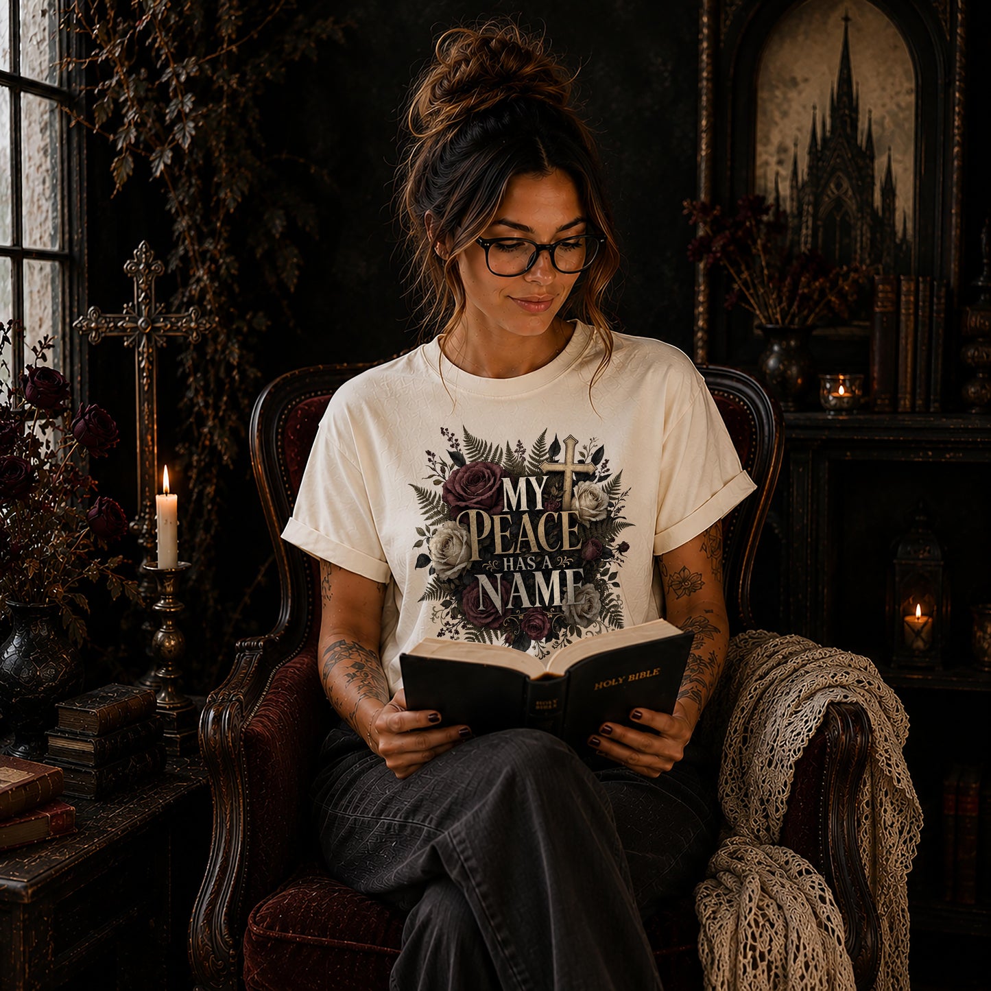 My Peace Has a Name Dark Floral Christian T-Shirt