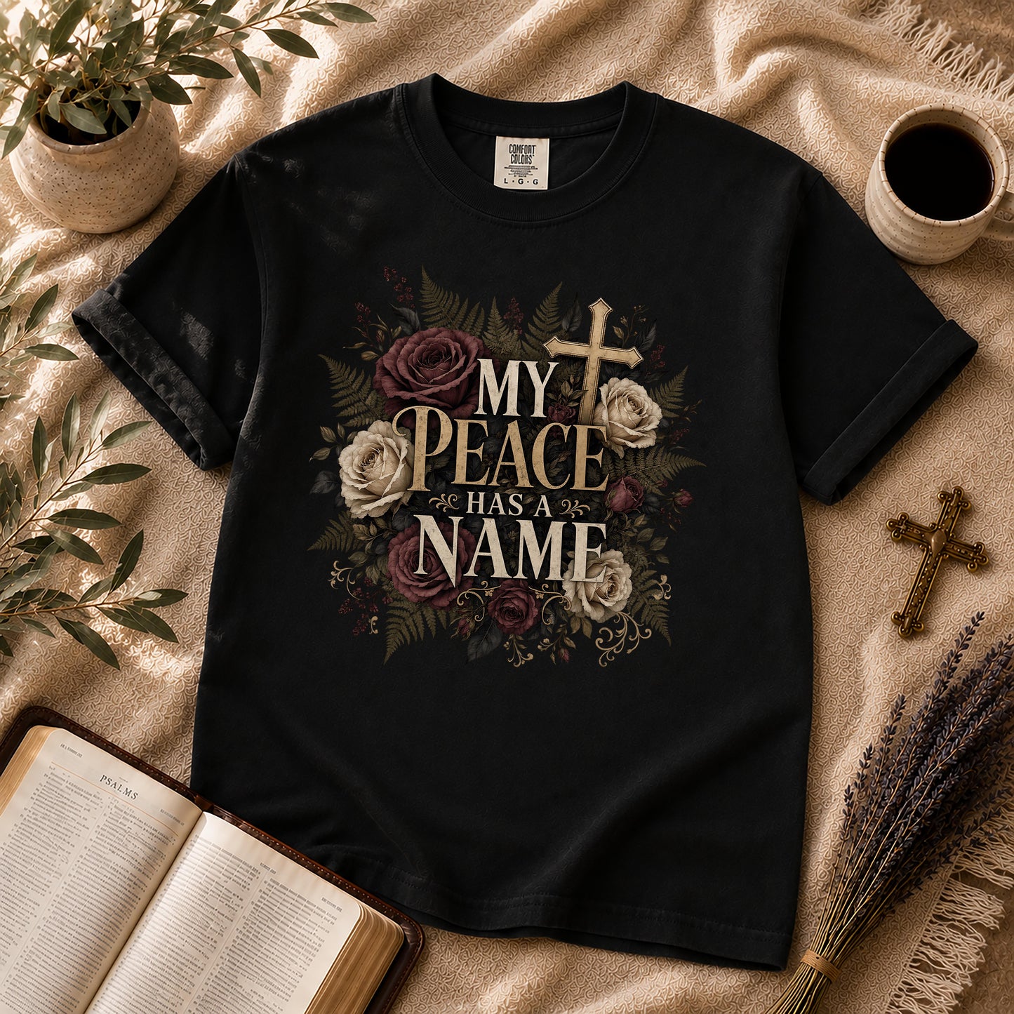 My Peace Has a Name Dark Floral Christian T-Shirt