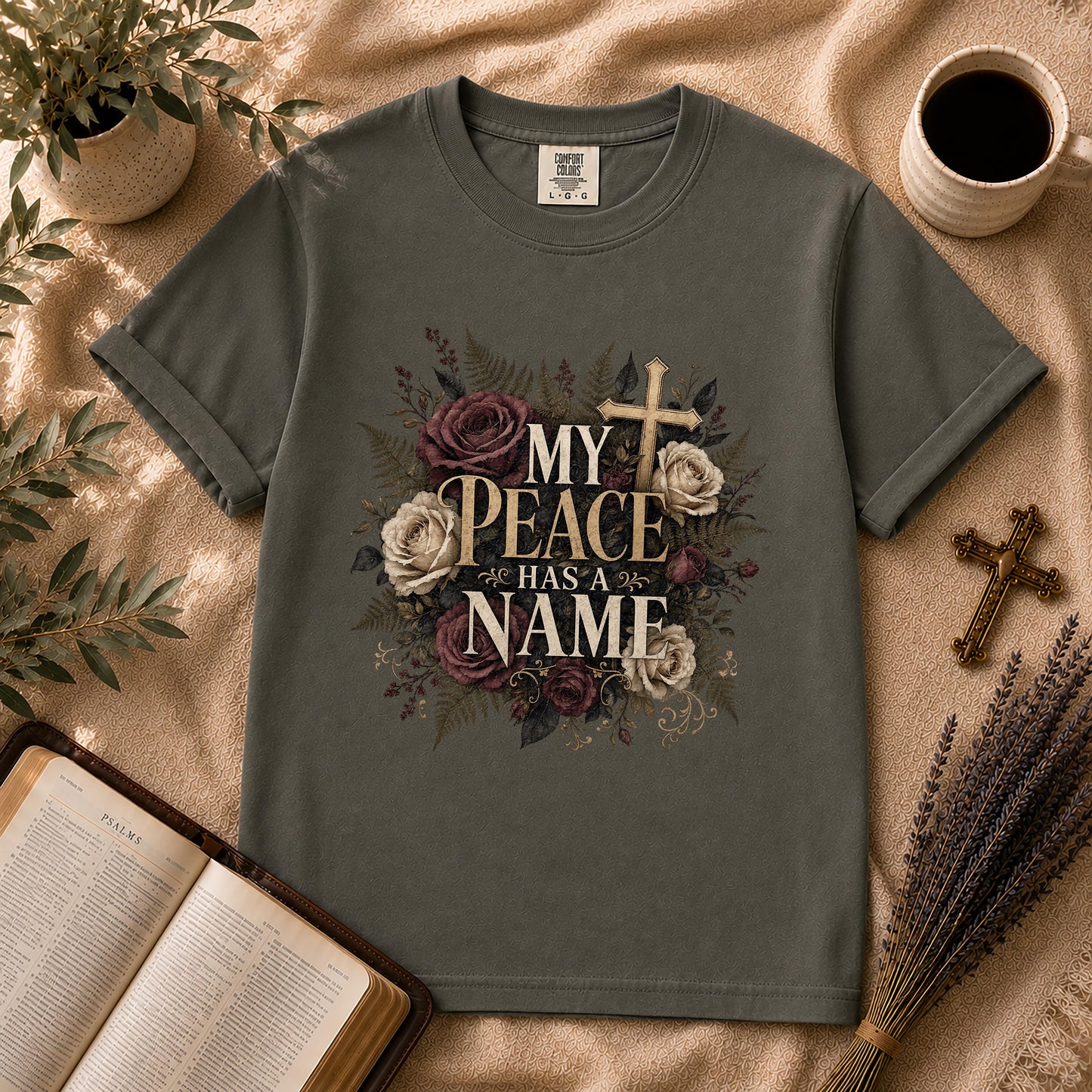 My Peace Has a Name Dark Floral Christian T-Shirt