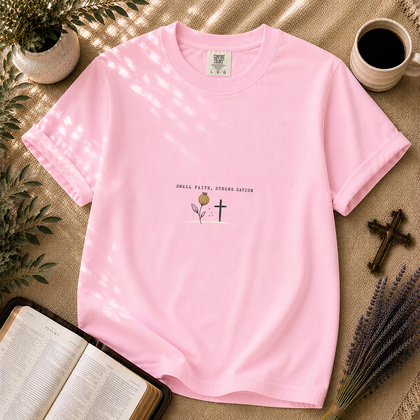 Small Faith Strong Savior Minimalist Christian T-Shirt