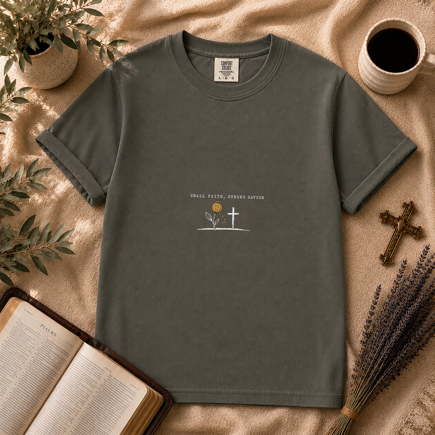 Small Faith Strong Savior Minimalist Christian T-Shirt