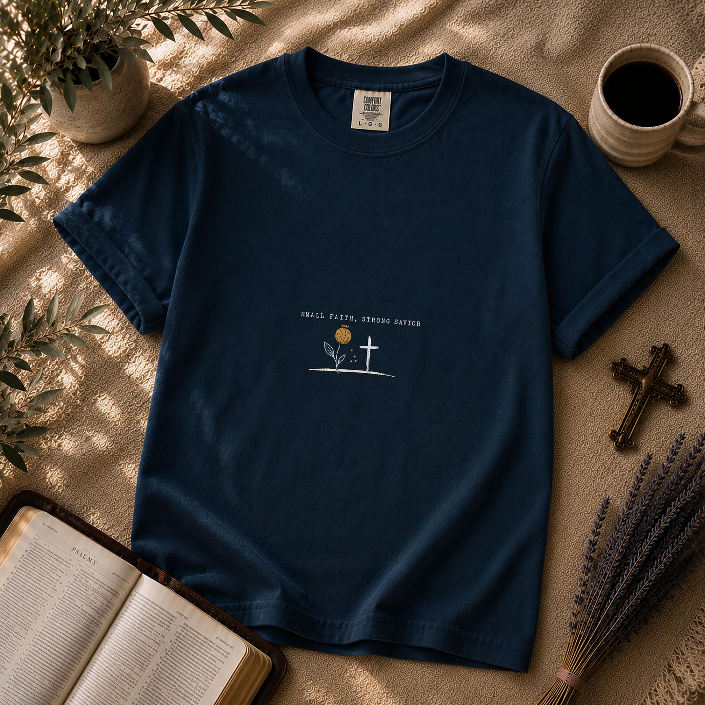 Small Faith Strong Savior Minimalist Christian T-Shirt