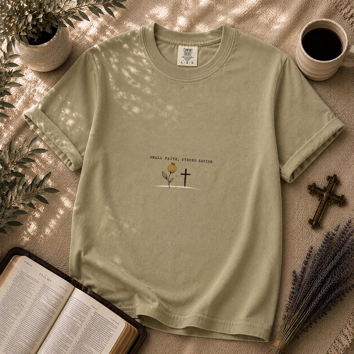 Small Faith Strong Savior Minimalist Christian T-Shirt