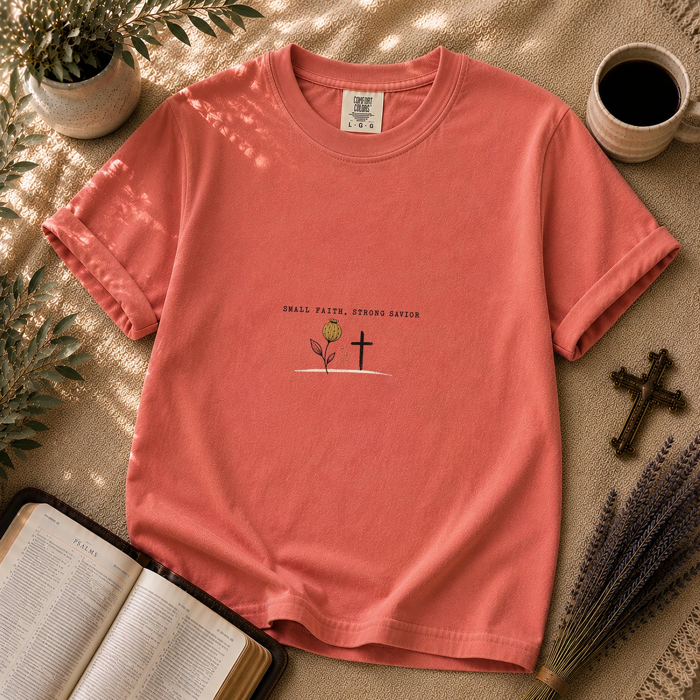 Small Faith Strong Savior Minimalist Christian T-Shirt