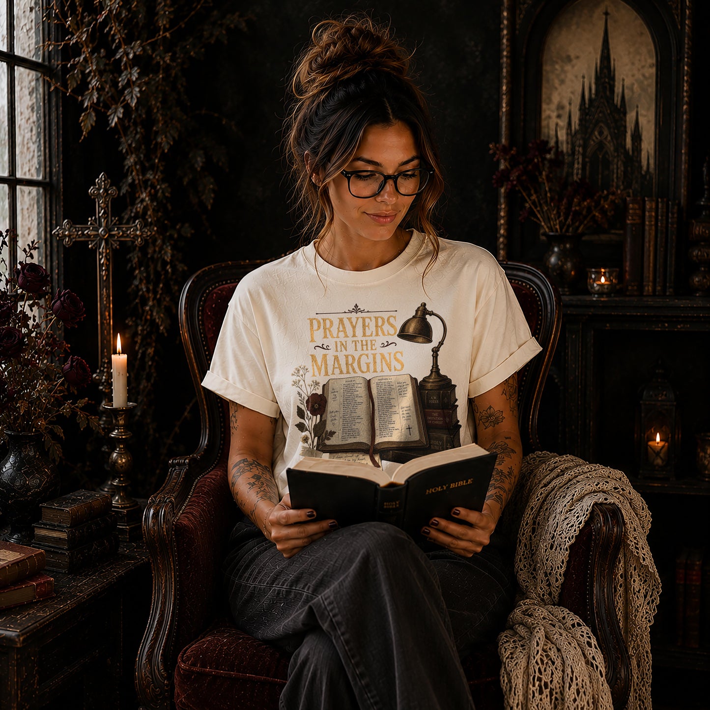 Prayers in the Margins Dark Academia Christian T-Shirt