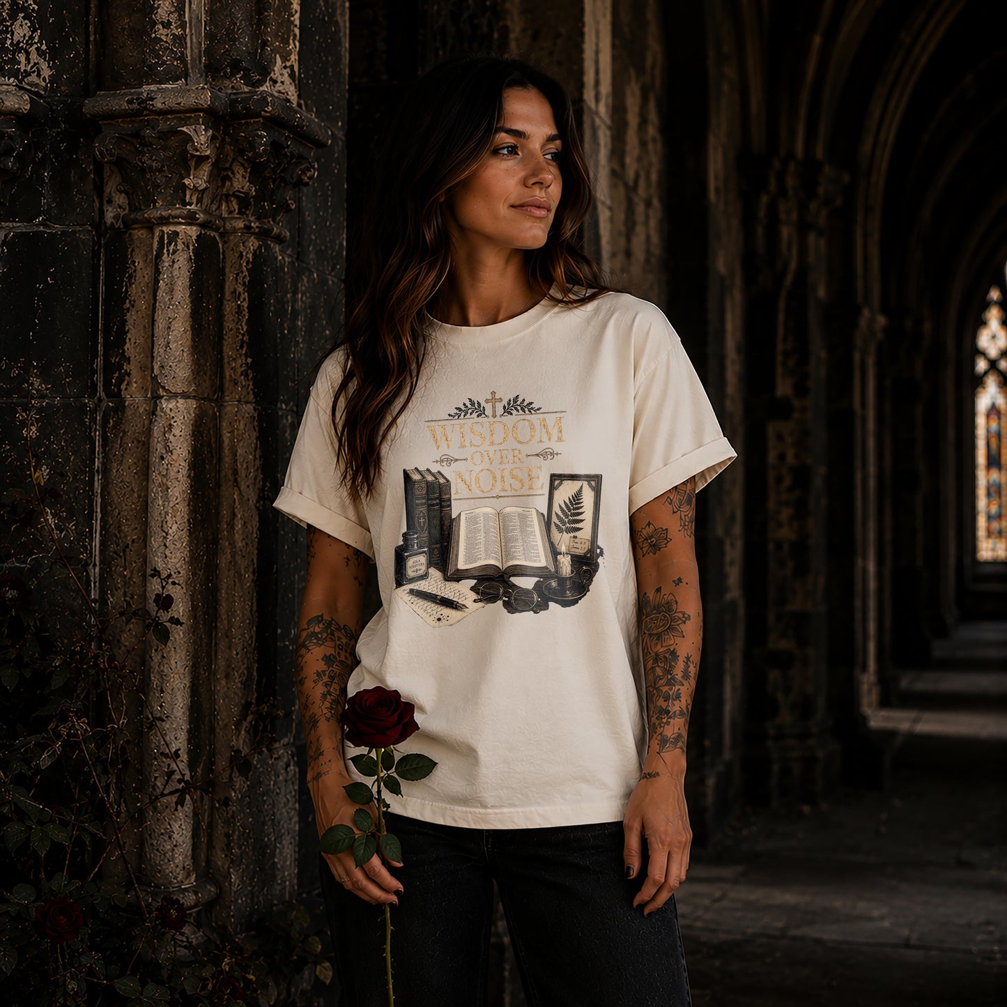 Wisdom Over Noise Dark Academia Christian T-Shirt