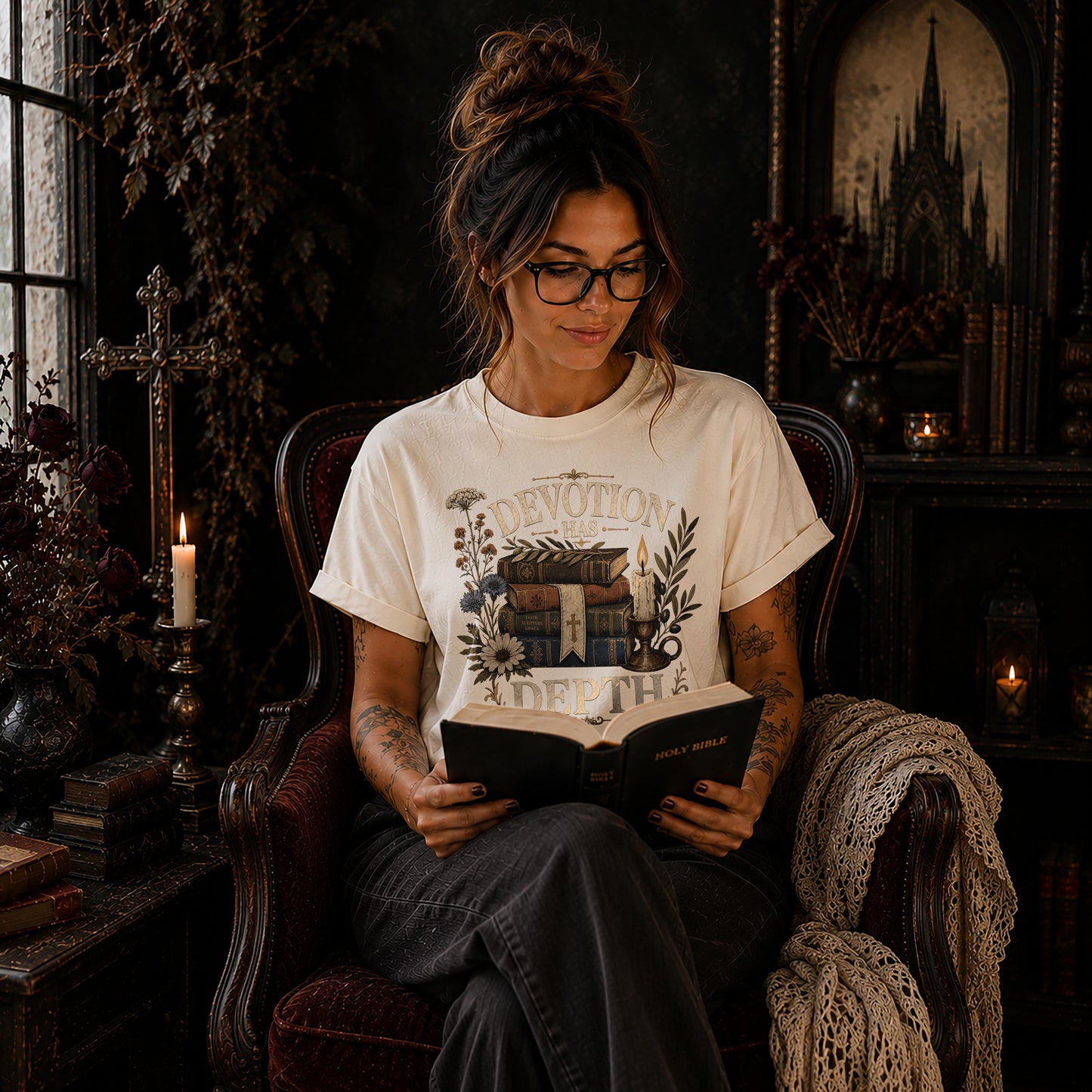 Devotion Has Depth Boho Dark Academia Christian Shirt