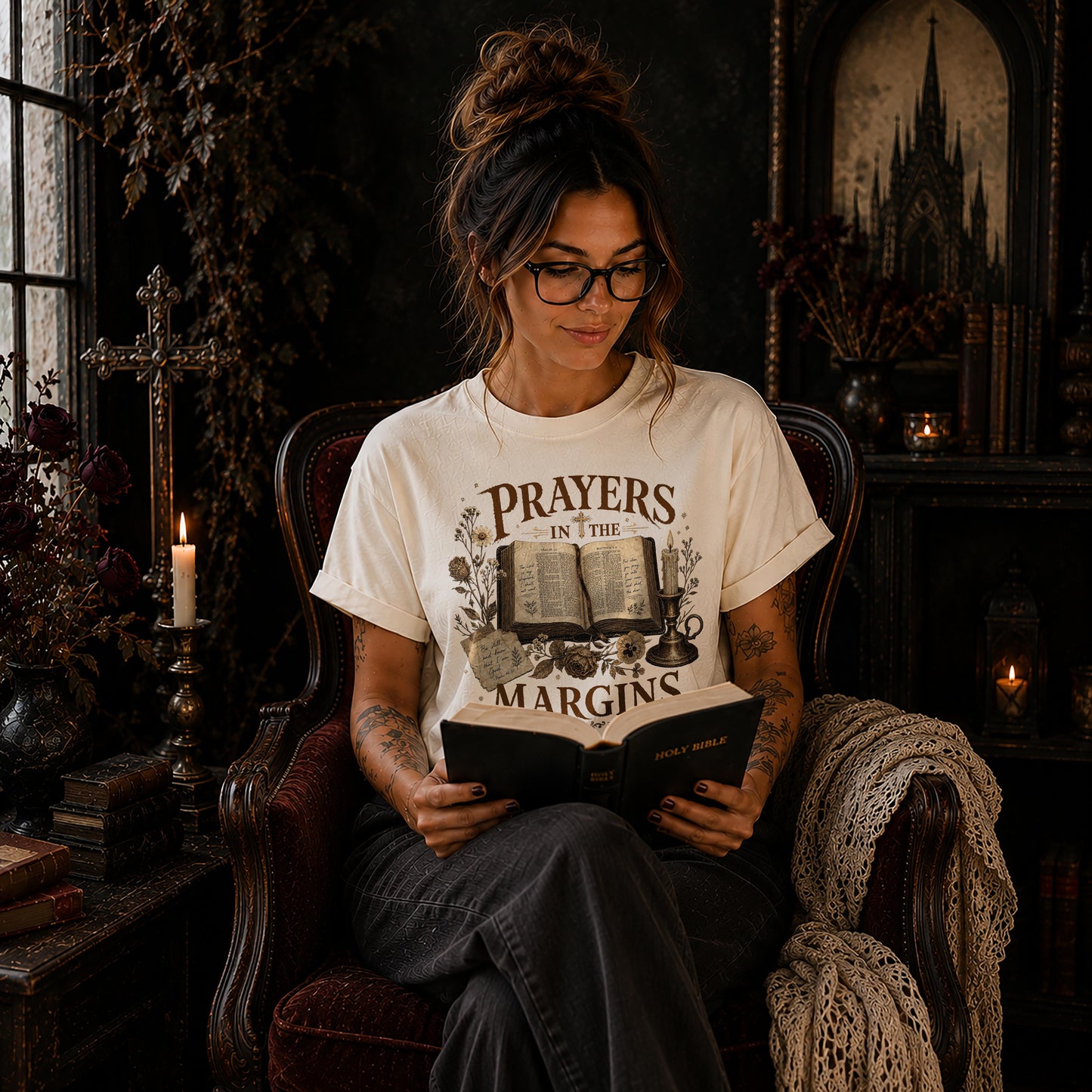 Prayers in the Margins Dark Academia Christian T-Shirt