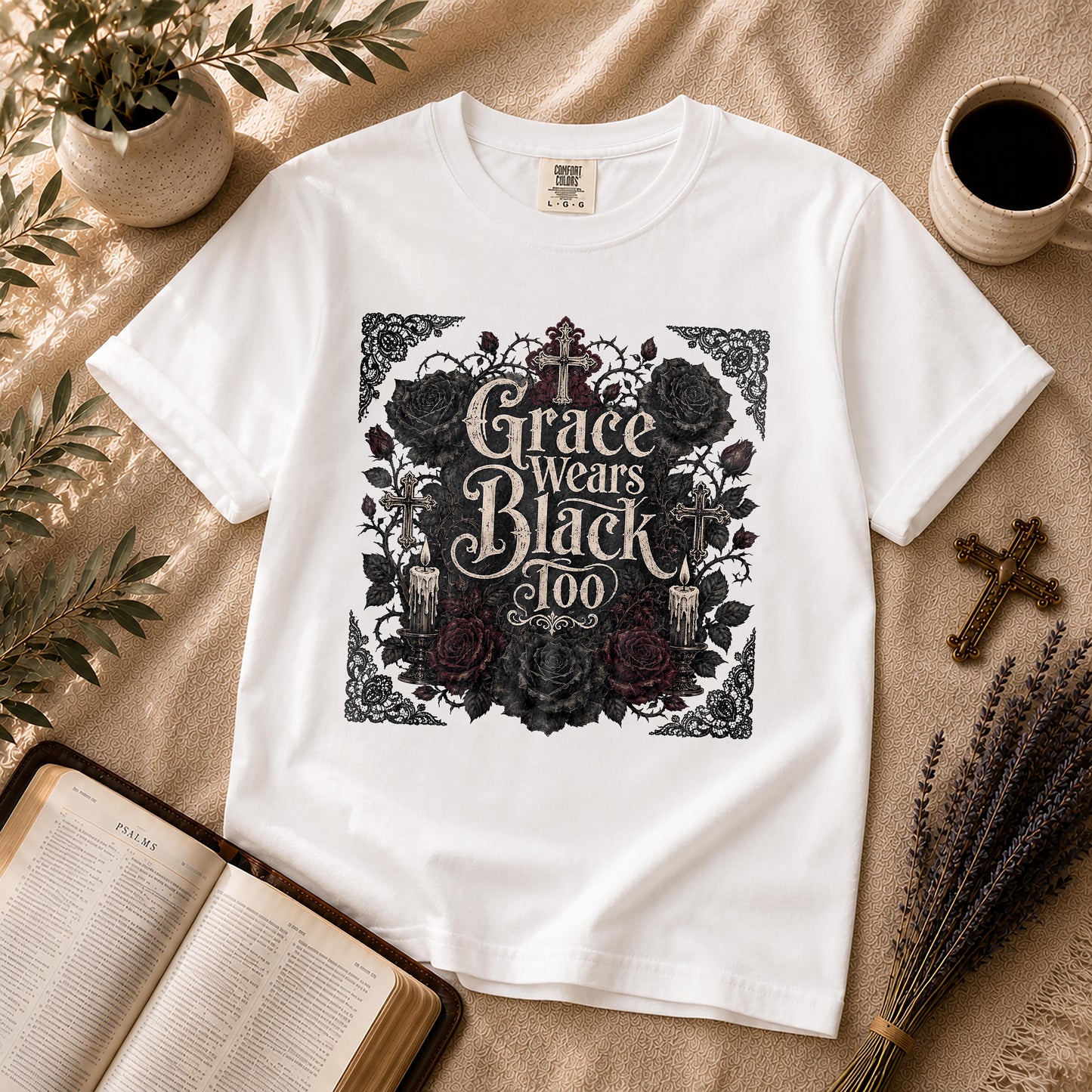 Grace Wears Black Too Gothic Christian T-Shirt