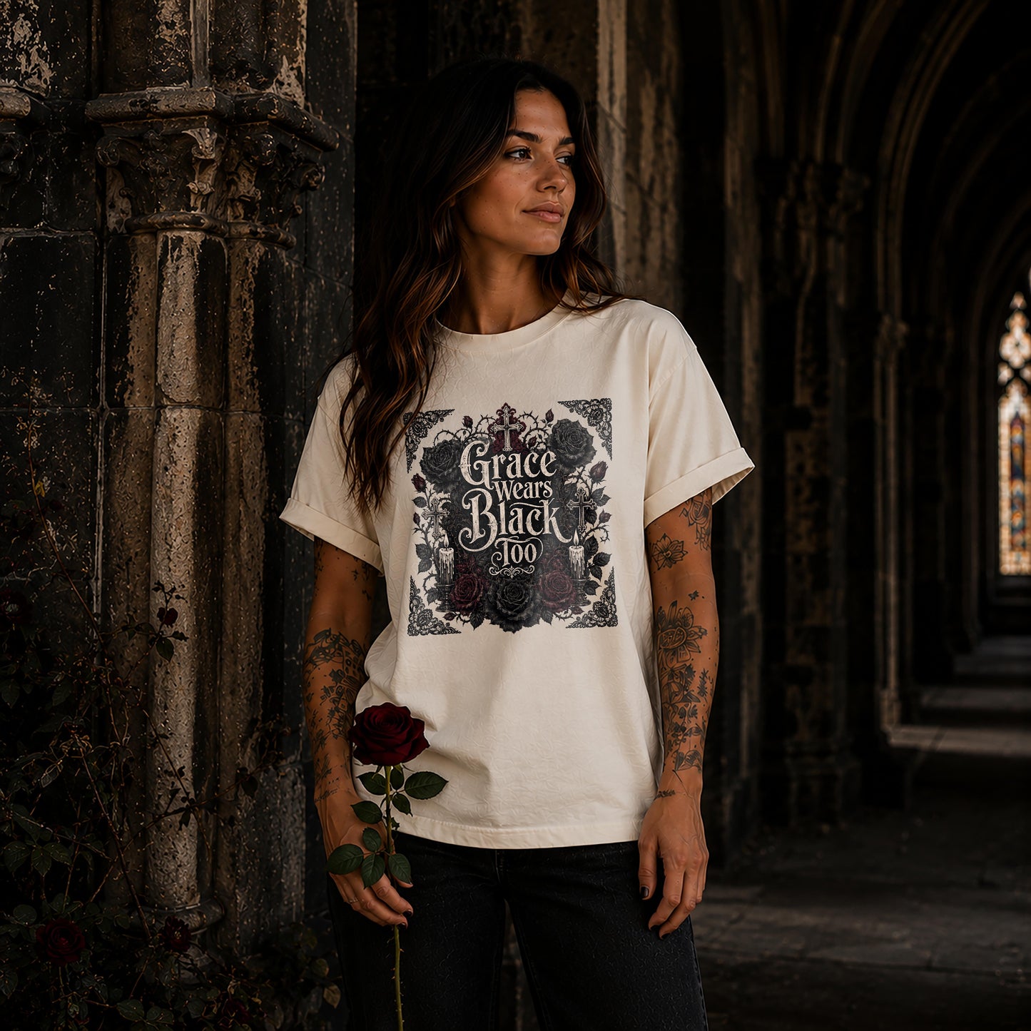 Grace Wears Black Too Gothic Christian T-Shirt