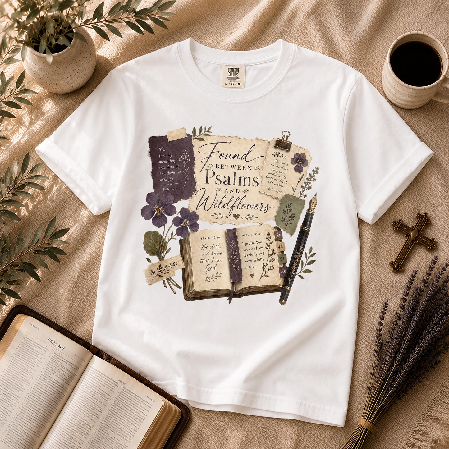 Found Between Psalms and Wildflowers Poetcore Christian Tee