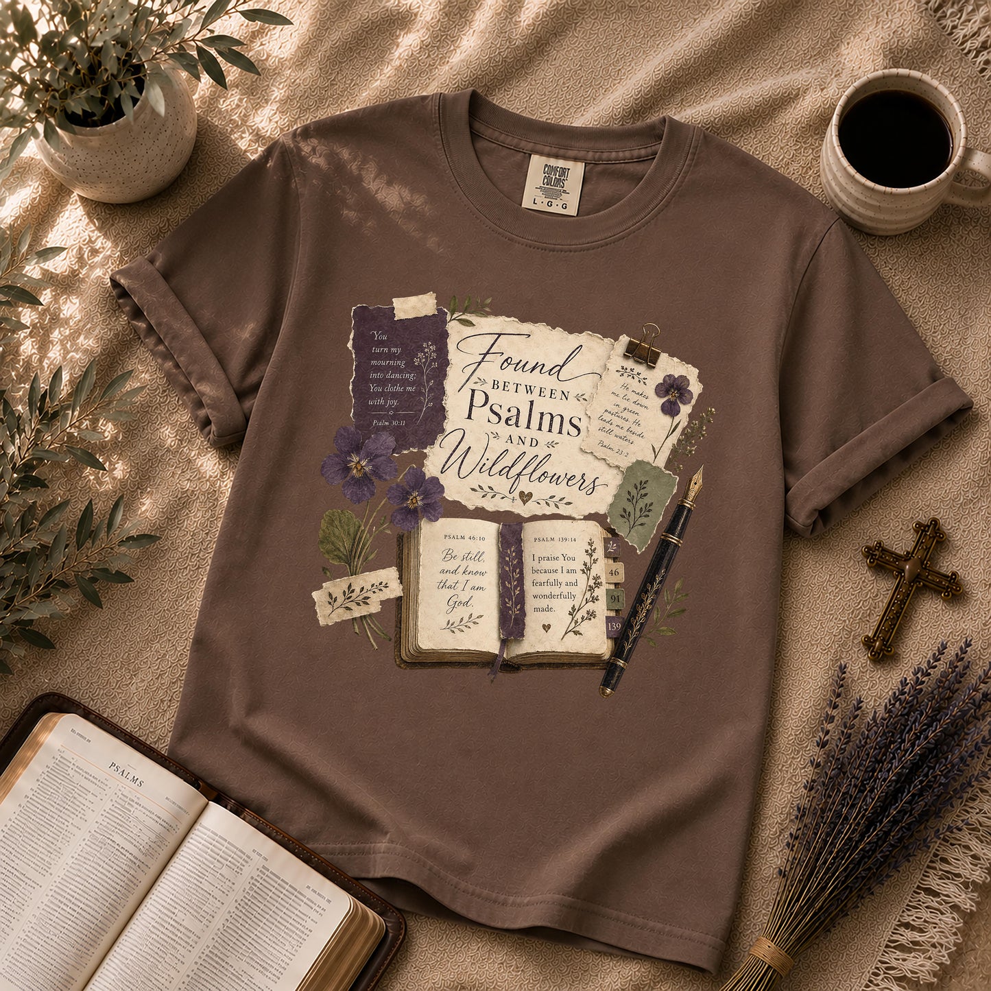 Found Between Psalms and Wildflowers Poetcore Christian Tee