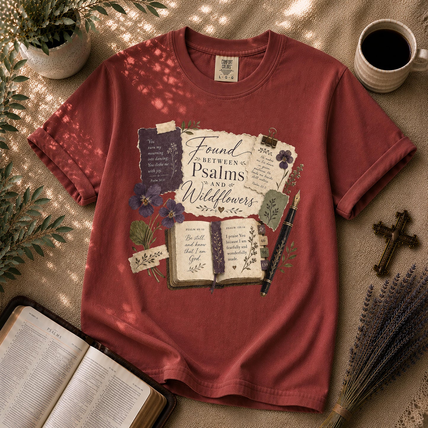 Found Between Psalms and Wildflowers Poetcore Christian Tee