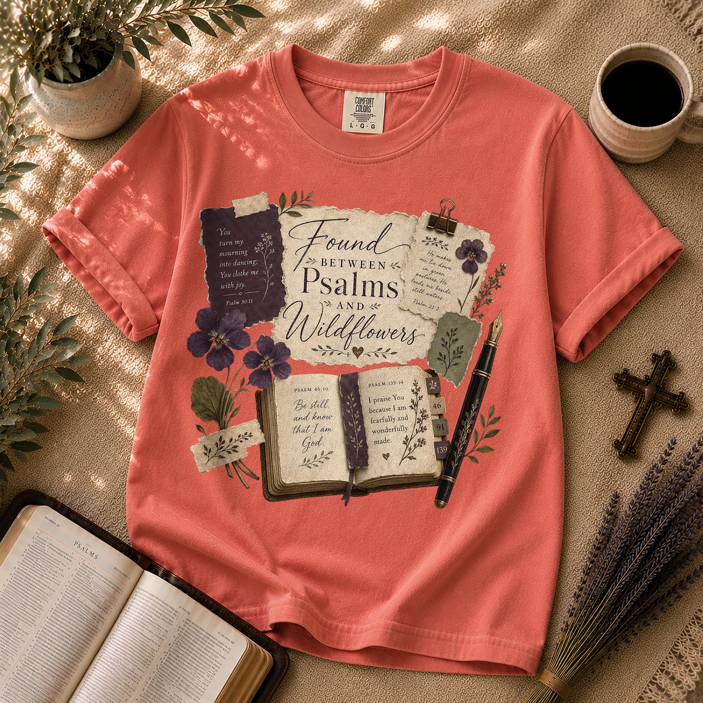 Found Between Psalms and Wildflowers Poetcore Christian Tee