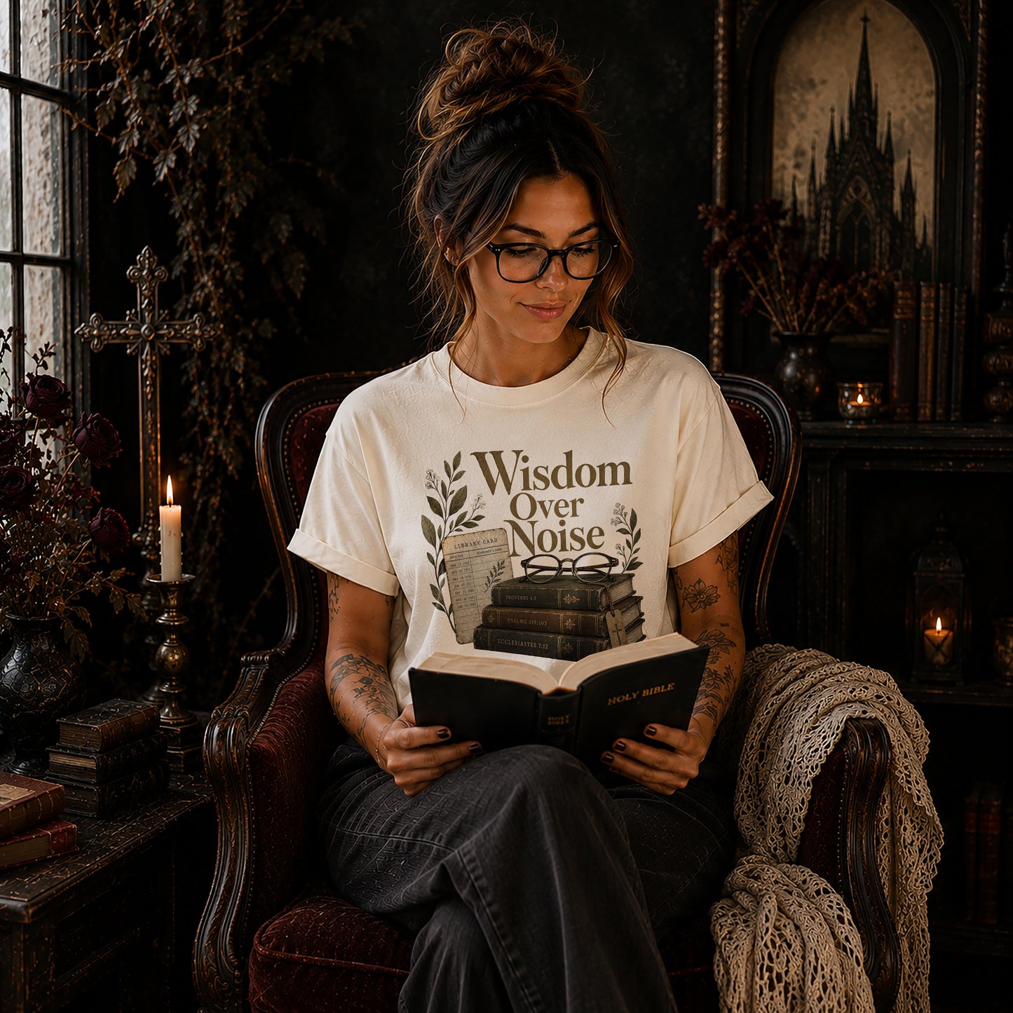 Wisdom Over Noise – Librarian Chic Christian Tee