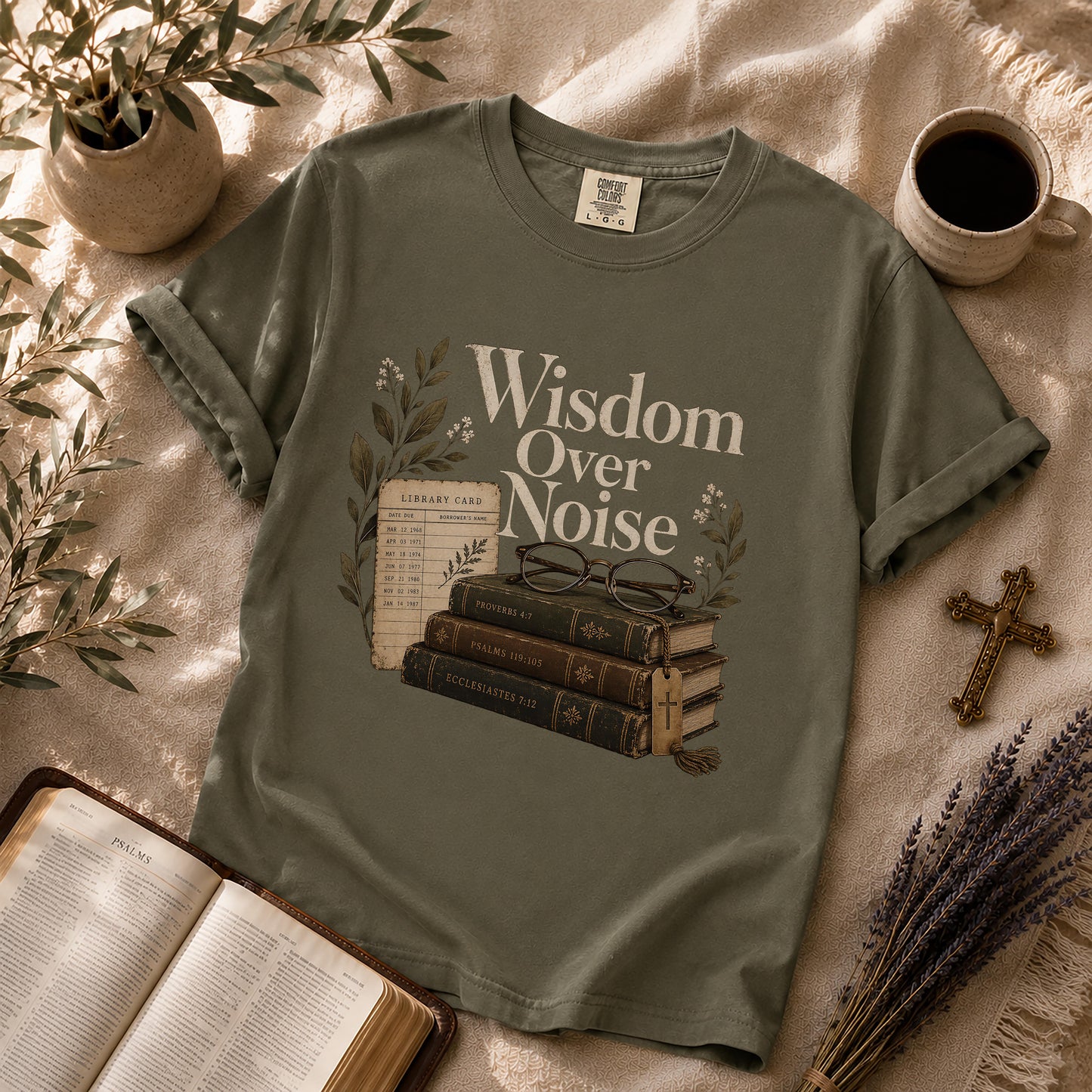 Wisdom Over Noise – Librarian Chic Christian Tee