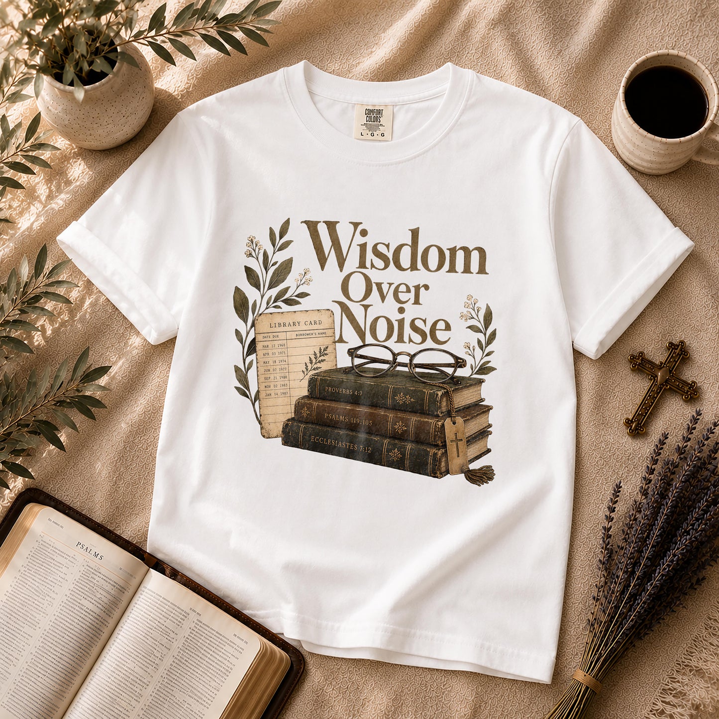 Wisdom Over Noise – Librarian Chic Christian Tee