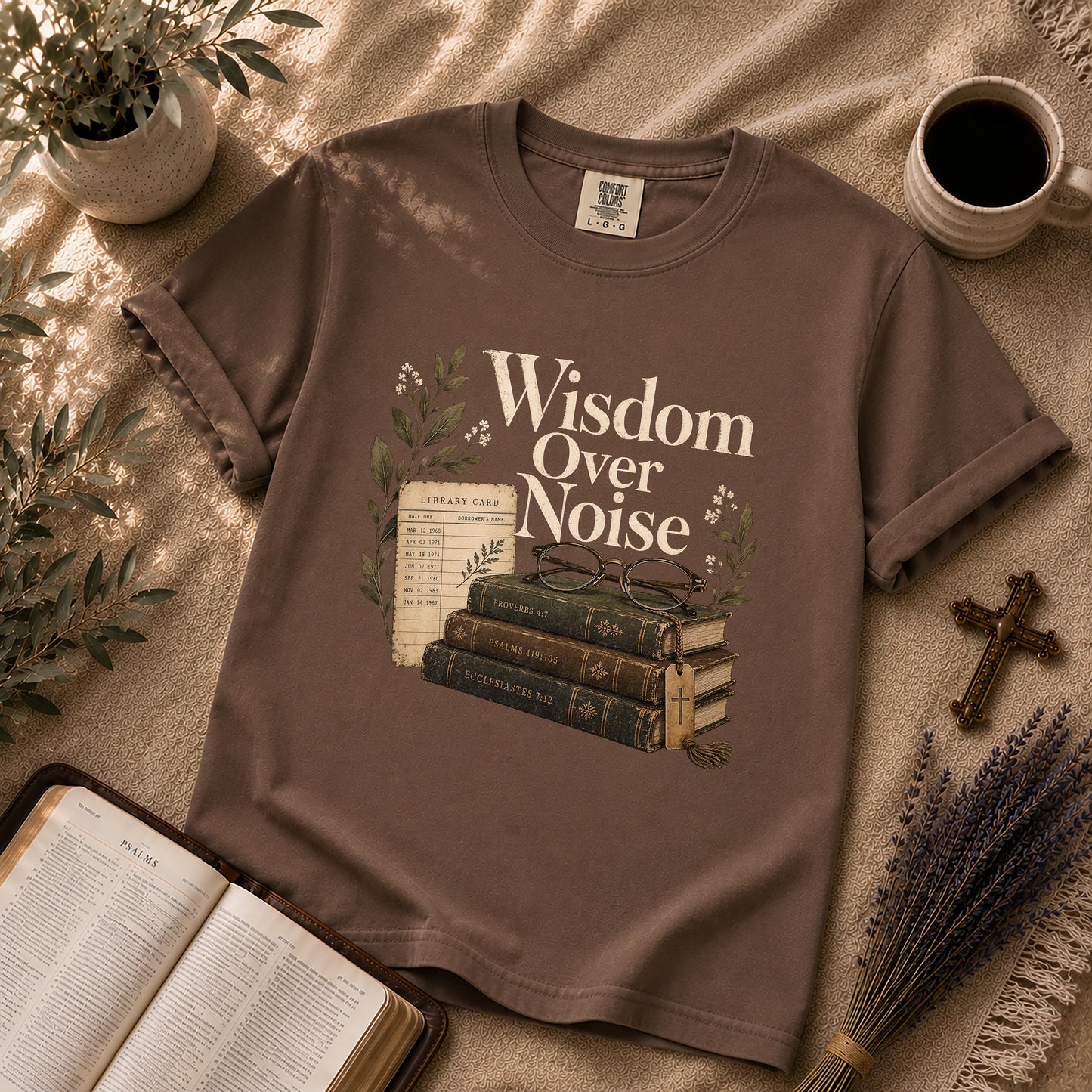 Wisdom Over Noise – Librarian Chic Christian Tee