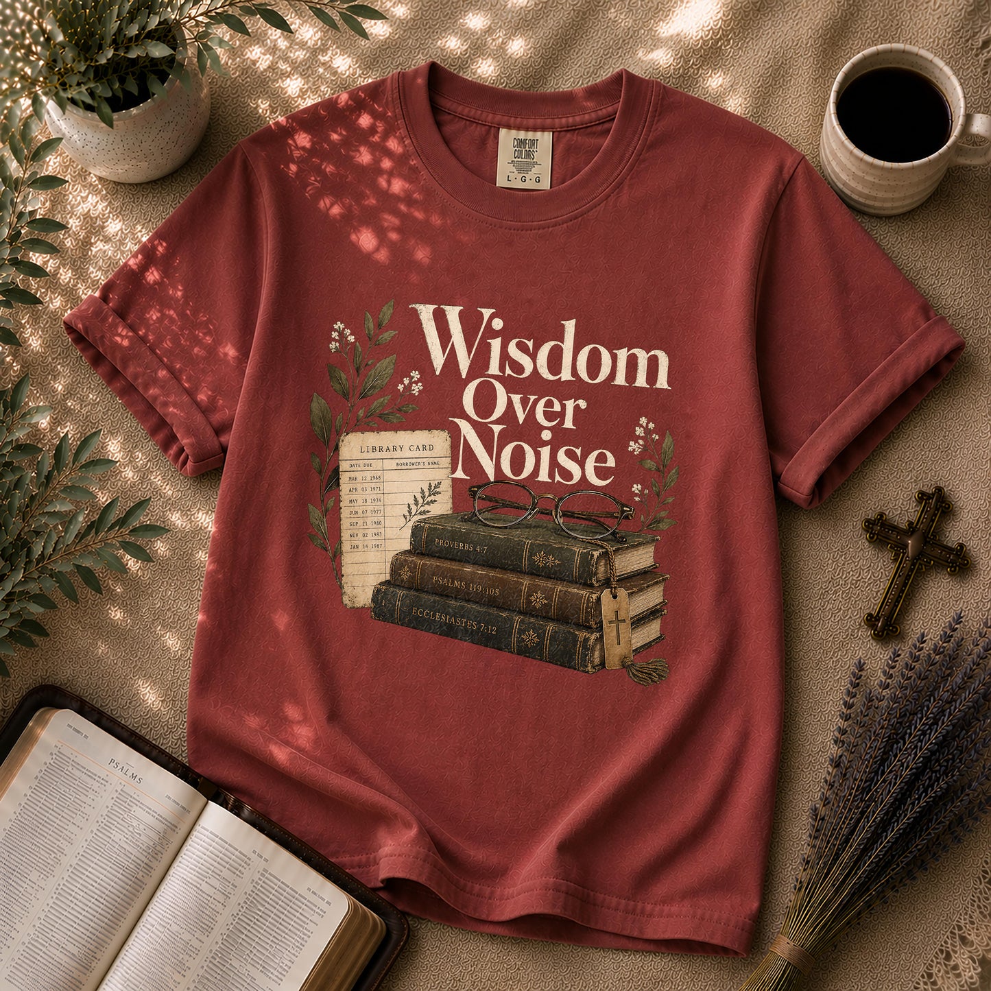 Wisdom Over Noise – Librarian Chic Christian Tee