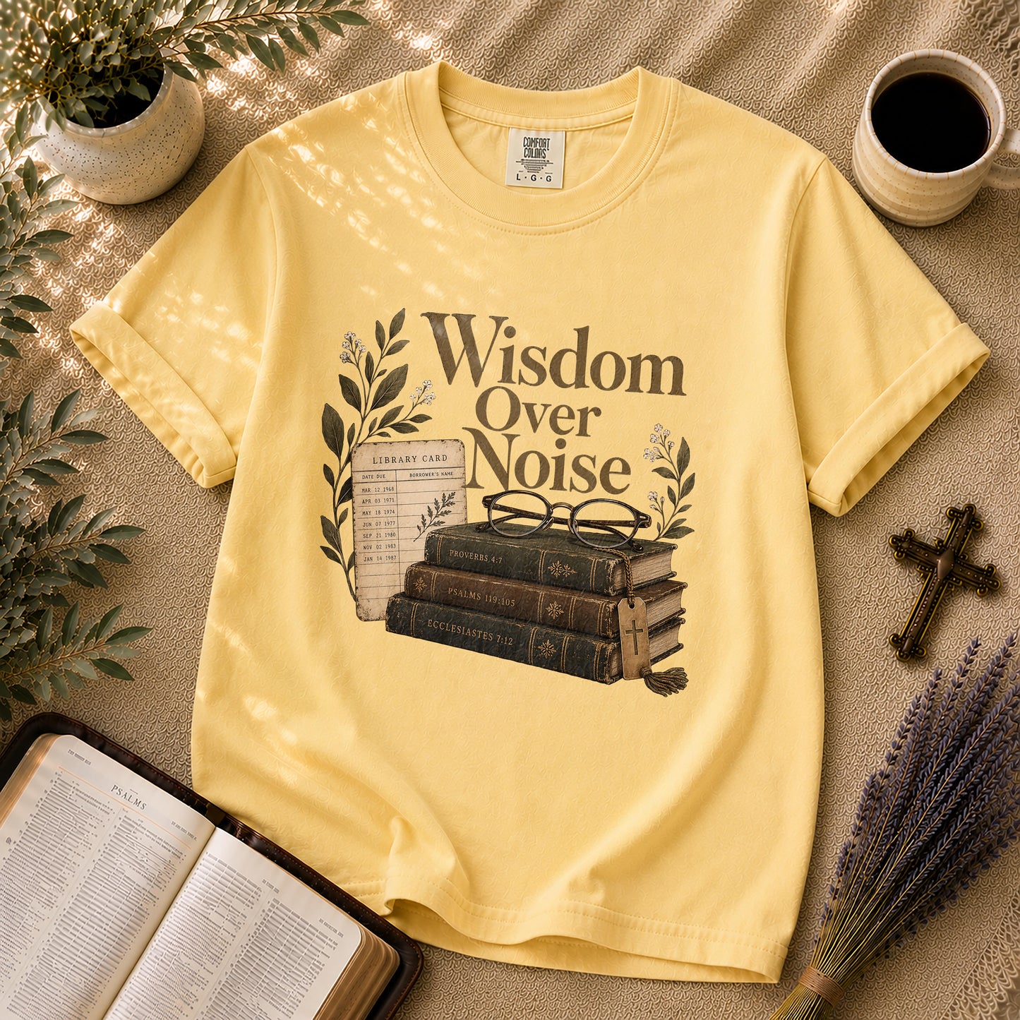 Wisdom Over Noise – Librarian Chic Christian Tee