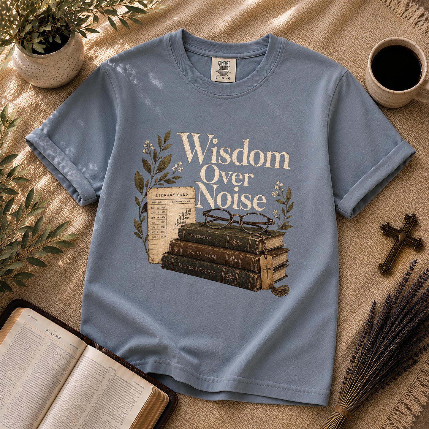 Wisdom Over Noise – Librarian Chic Christian Tee