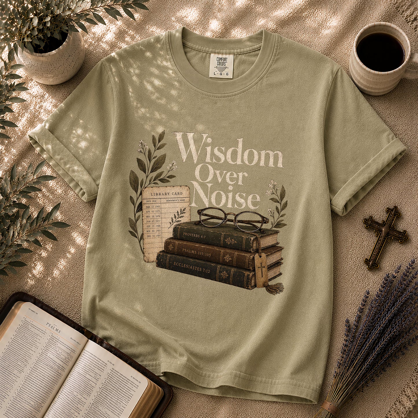 Wisdom Over Noise – Librarian Chic Christian Tee