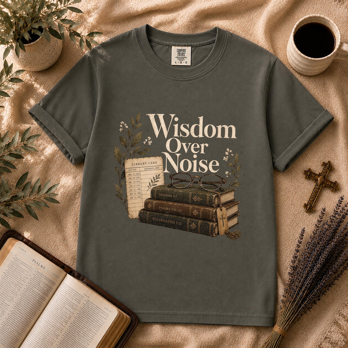 Wisdom Over Noise – Librarian Chic Christian Tee