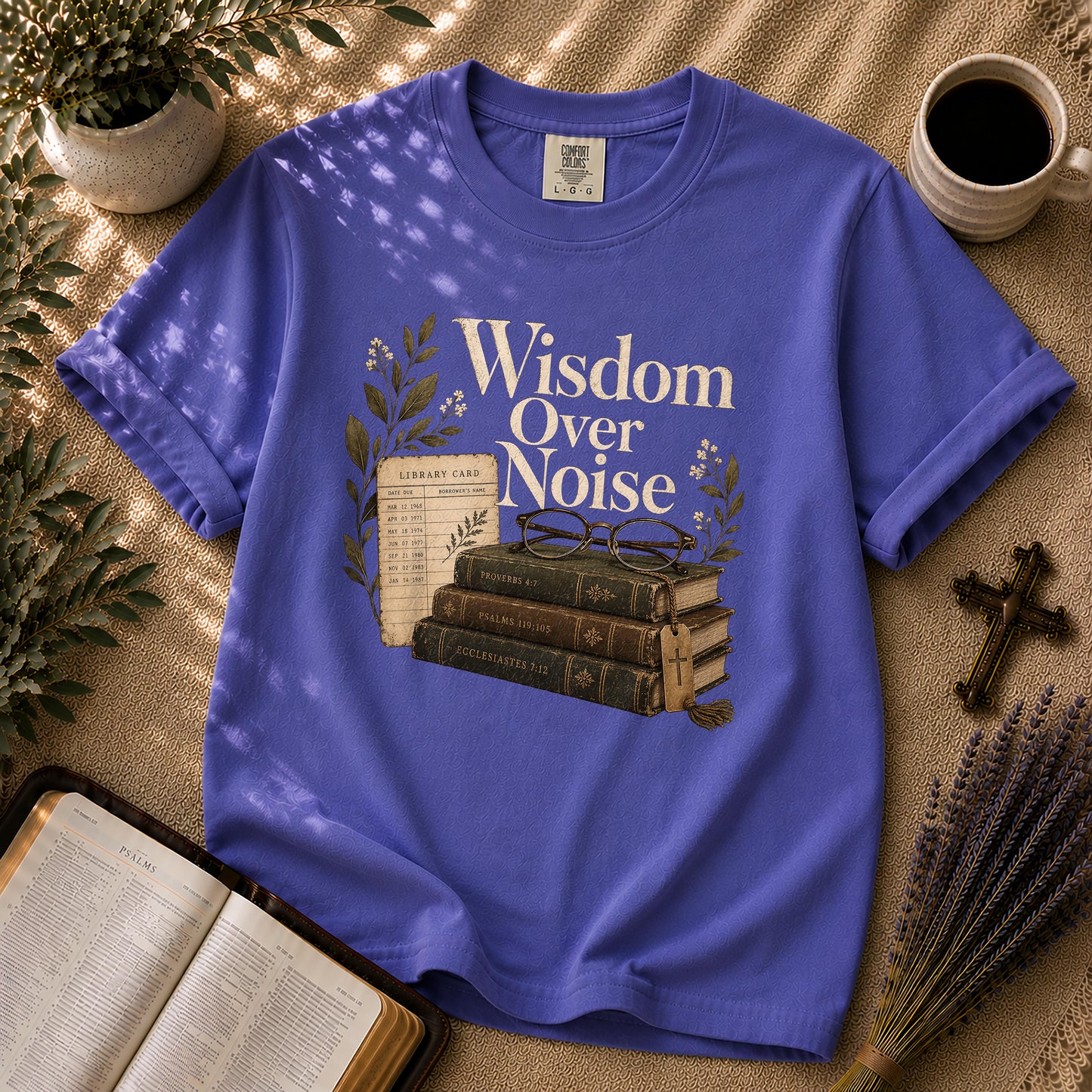 Wisdom Over Noise – Librarian Chic Christian Tee