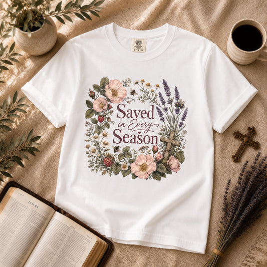 Saved in Every Season – Cottagecore Christian Tee