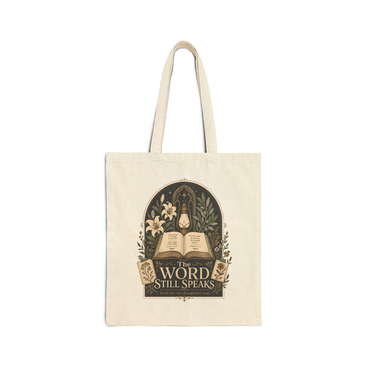 Religious Tote Bag — "The Word Still Speaks" Canvas Book Tote